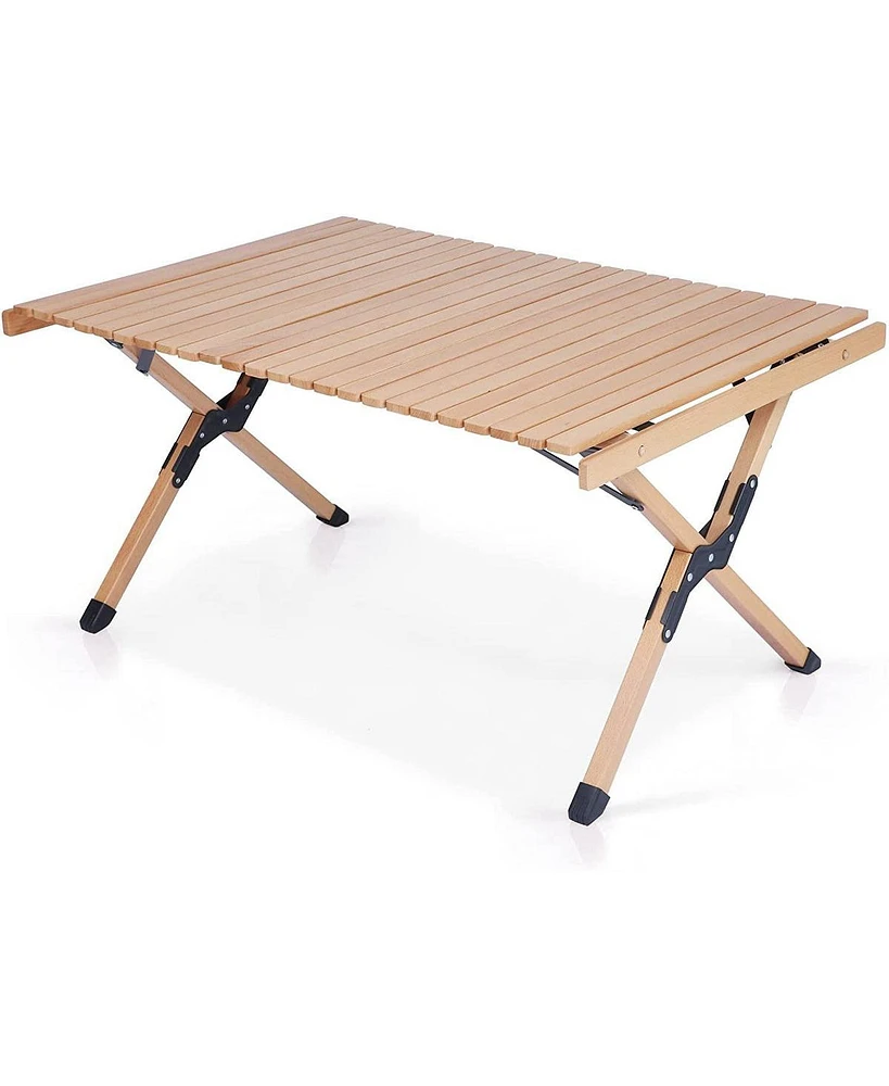 Slickblue Roll Up Wooden Folding Table - Low Height Portable Table for Camping and Picnics