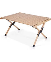 Slickblue Roll Up Wooden Folding Table - Low Height Portable Table for Camping and Picnics