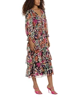 Donna Morgan Women's Printed V-Neck Tiered-Ruffle-Trim Dress