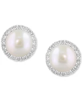 Effy Cultured Freshwater Pearl (8mm) & Diamond (1/2 ct. t.w.) Halo Stud Earrings in 14k White Gold