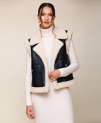 Avec Les Filles Women's Faux Leather Faux Sherpa Trucker Vest