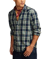 Lucky Brand Men's Plaid Indigo Western Long Sleeve Shirt