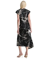 Dkny Women's Printed Mock-Neck Cap-Sleeve Crepe Dress