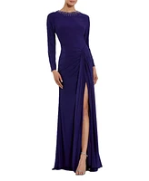 Mac Duggal Women's Long Sleeve Jersey Ruched Gown With Beaded Neck