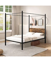 Sugift Queen Size Canopy Bed Frame with Under Bed Storage