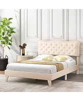 Sugift Queen Size Bed Frame with Nail Headboard and Wooden Slats