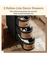 Tribesigns Solid Wood End Table Set of 2, 3-Drawer Rattan Side Table, Night Stand with 3 Rattan Drawers and Exquisite Embossed Handles for Living Room