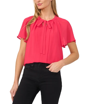 CeCe Women's Raglan Flutter-Sleeve Pleated Bow Blouse