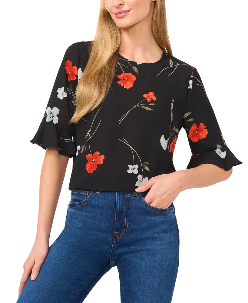 CeCe Women's Ruffled-Sleeve Floral Crewneck Top