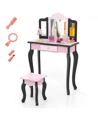 Costway Kids Vanity Set Toddler Makeup Table & Stool with Tri-folding Mirror Drawer Light