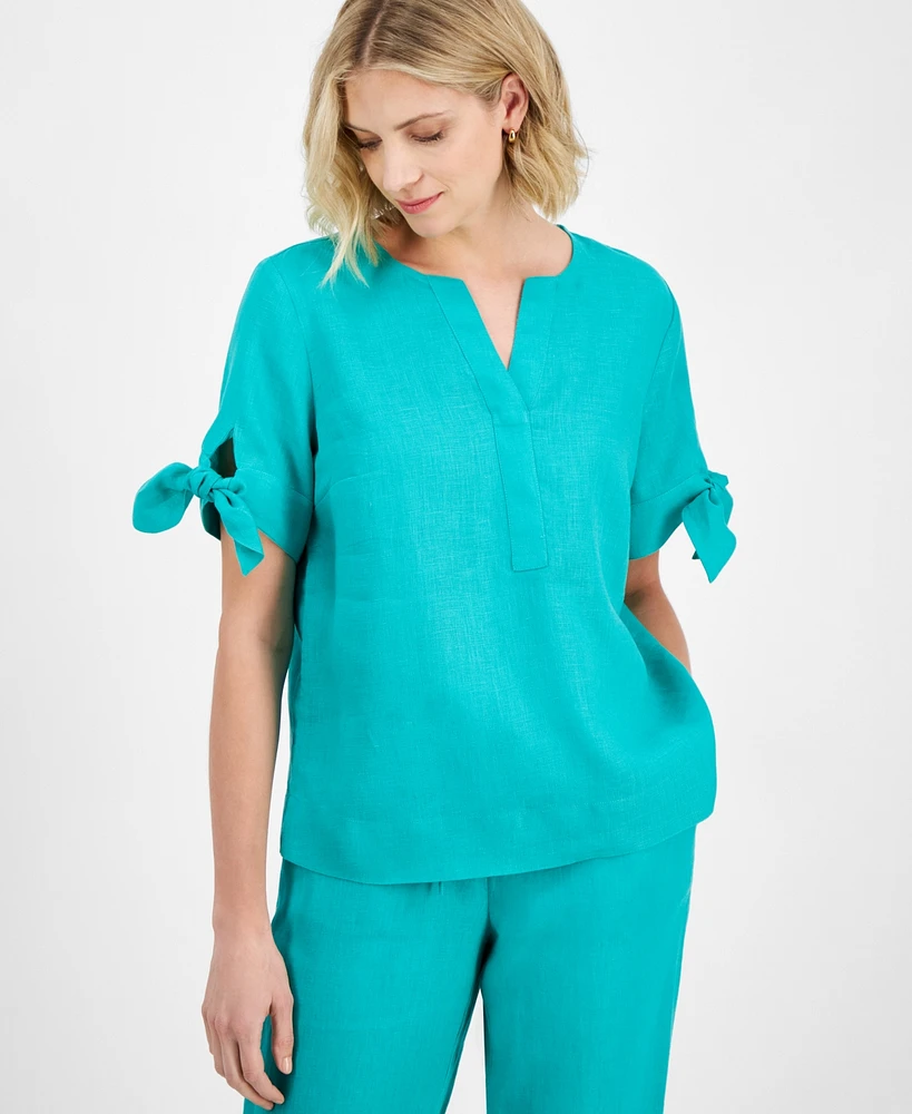 Charter Club Women's 100% Linen Split-Neck Tie-Cuff Top