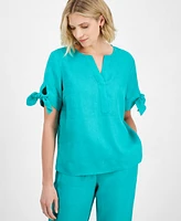 Charter Club Women's 100% Linen Split-Neck Tie-Cuff Top