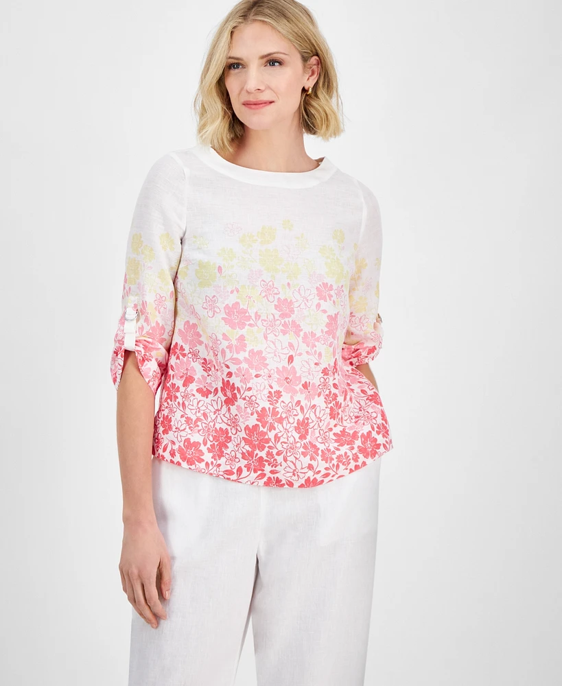 Charter Club Petite Linen Floral 3/4-Sleeve Top, Exclusively at Macy's