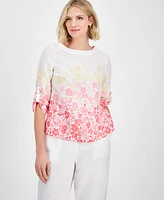 Charter Club 100% Linen Floral 3/4-Sleeve Top