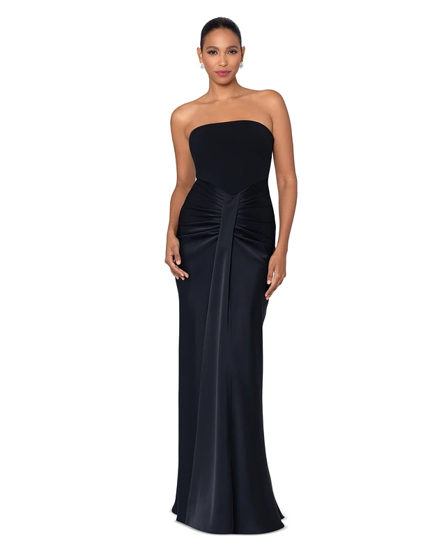 Betsy & Adam Petite Strapless Drape-Front Satin Gown at CoolSprings Galleria in Franklin, TN Betsy & Adam Petite Strapless Drape-Front Satin Gown at CoolSprings Galleria in Franklin, TN