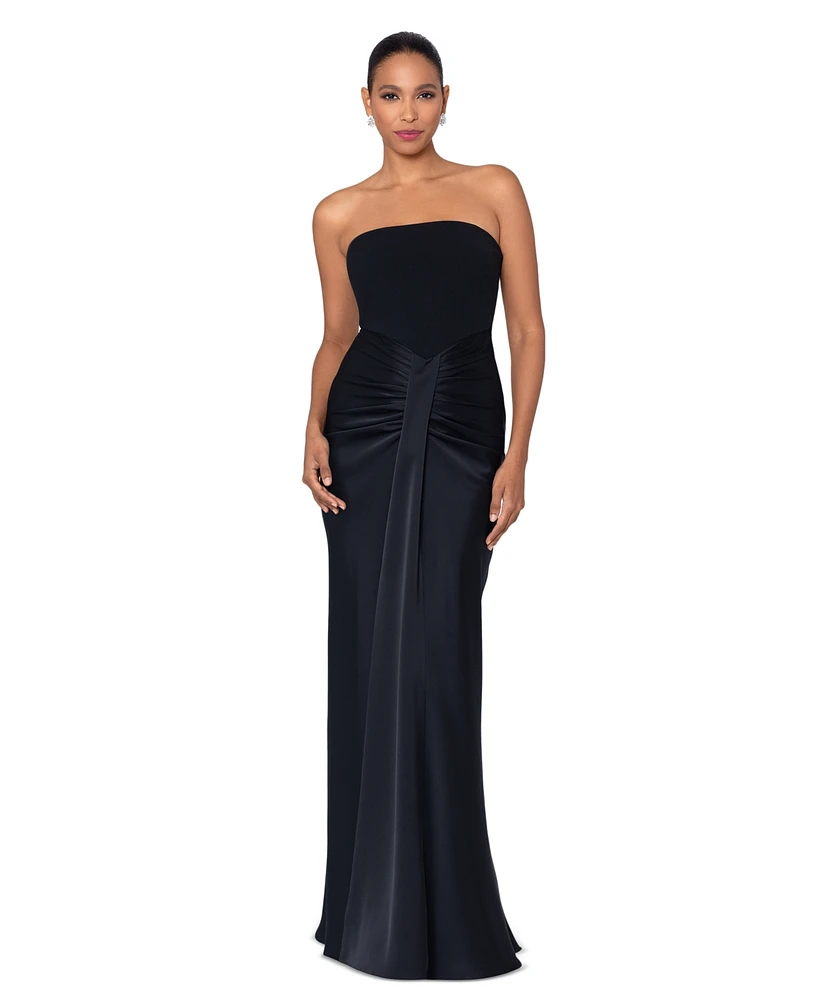 Betsy & Adam Petite Strapless Drape-Front Satin Gown