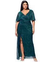 Betsy & Adam Plus V-Neck Metallic Crinkle Gown