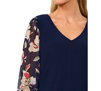 CeCe Women's V-Neck Mixed-Media Floral-Sleeve Top