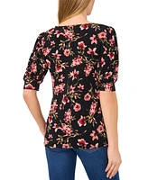 CeCe Women's Floral Shirred Scoop-Neck 3/4-Sleeve Knit Top