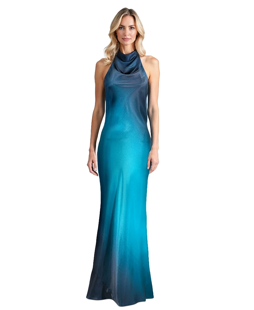 Betsy & Adam Women's Ombre Sleeveless Draped Halter Gown