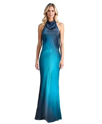 Betsy & Adam Women's Ombre Sleeveless Draped Halter Gown