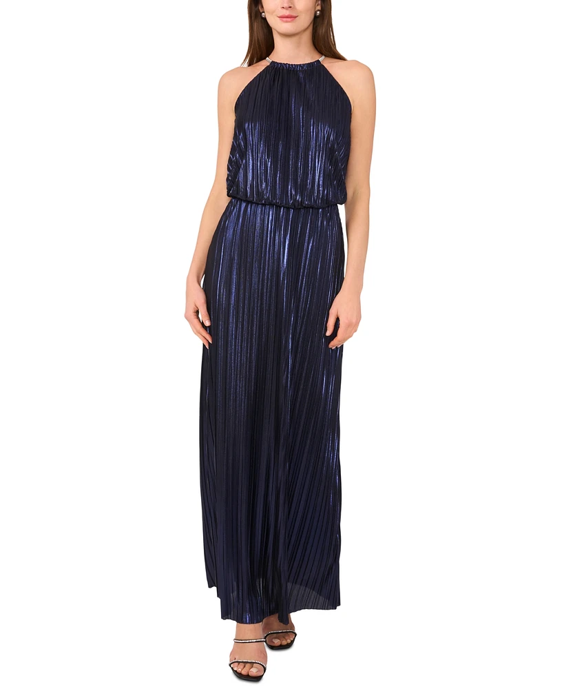 Msk Petite Pleated Metallic Halter Sleeveless Gown