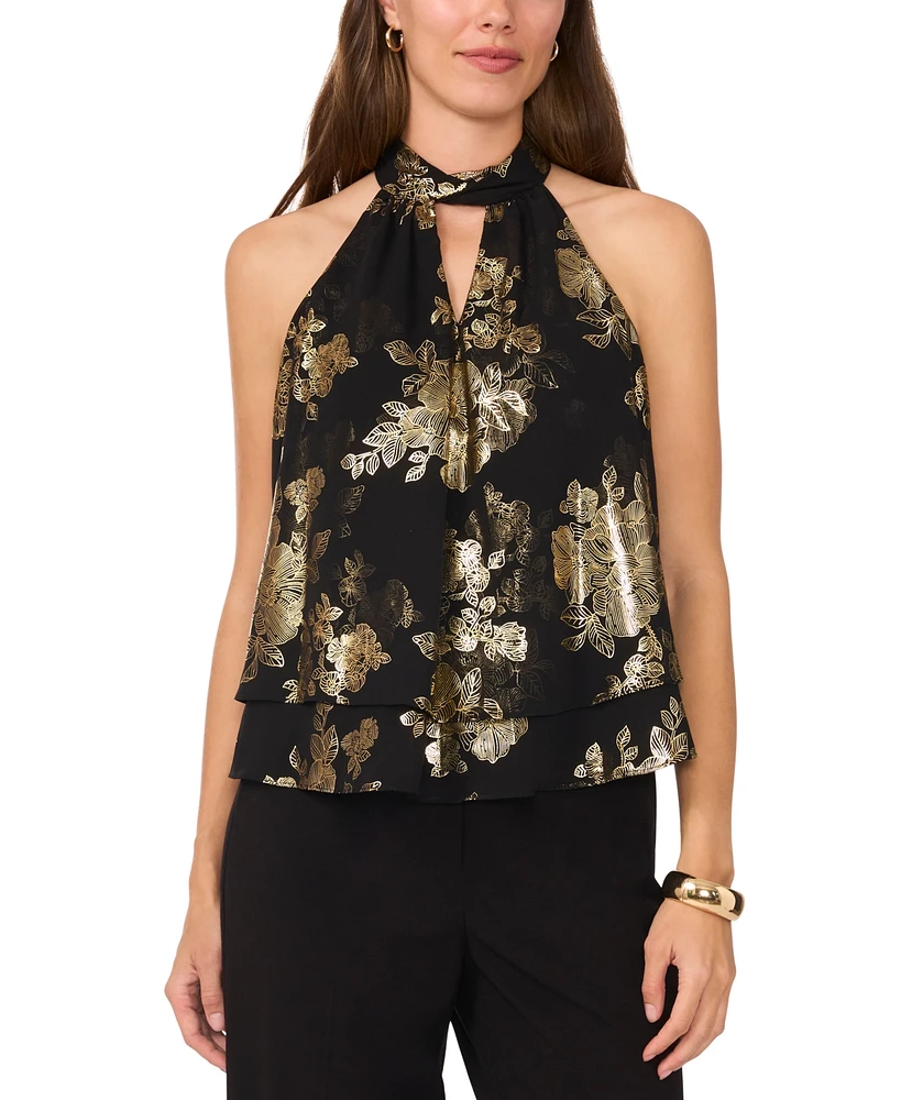 Msk Petite Floral Metallic Sleeveless Keyhole Top