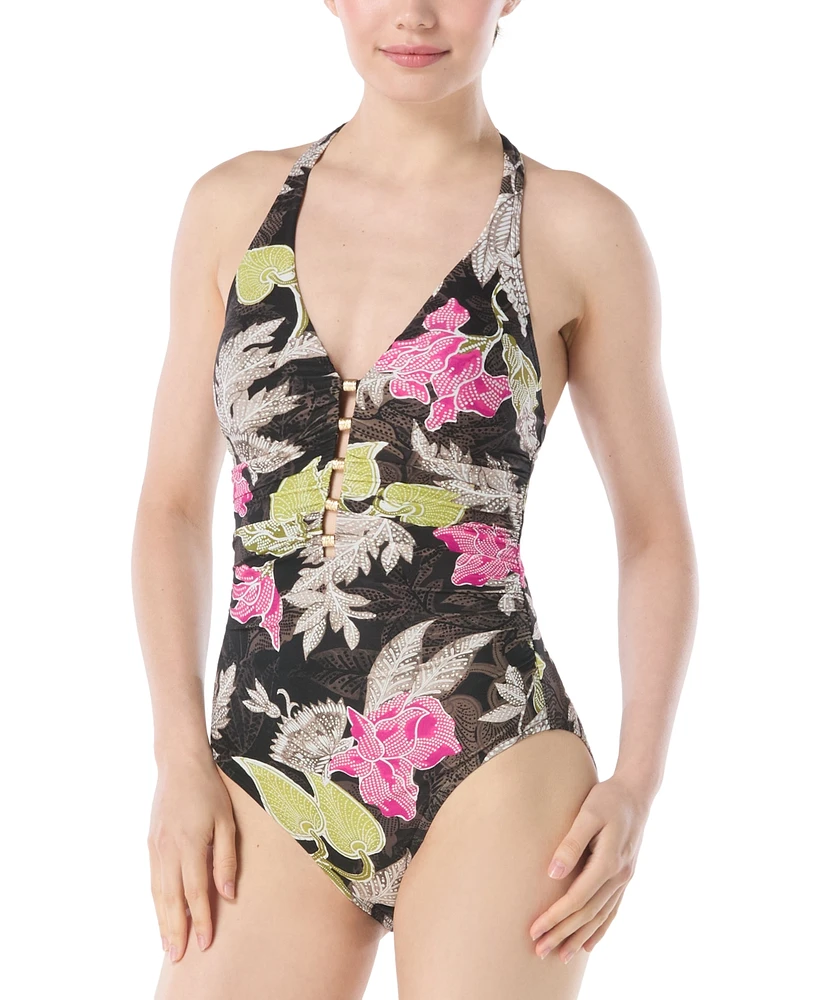 Carmen Marc Valvo Women's Printed Beaded One-Piece Swimsuit