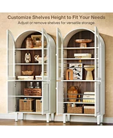 Tribesigns 68" Tall Arched Storage Cabinet, White 5-Tier Display Bookcase with Doors and Adjustable Shelves, Farmhouse Wooden Bookshelf, Kitchen Pantr