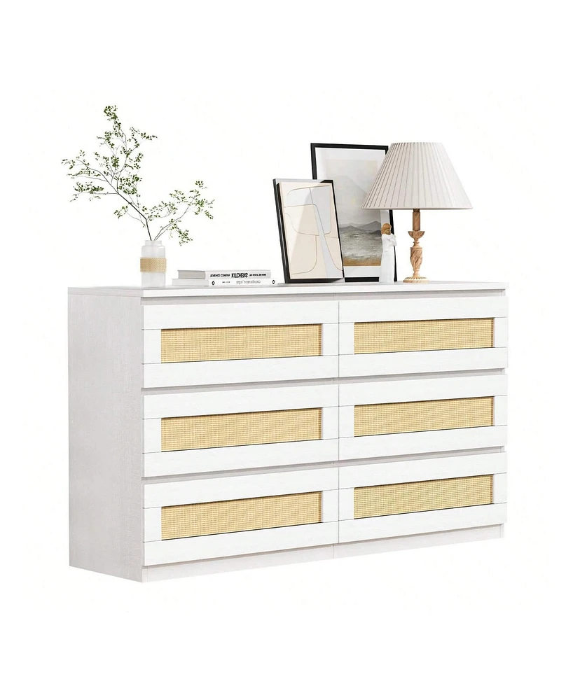 gaomon Rattan Dresser For Bedroom, 6 Drawer Modern Wide Chest Of Drawers With Anti-Tip Kit
