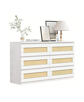 gaomon Rattan Dresser For Bedroom, 6 Drawer Modern Wide Chest Of Drawers With Anti-Tip Kit