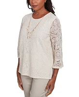 Alfred Dunner Petite Coming Up Roses Lace Necklace Top