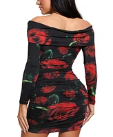 Guess Women's Miriana Rose-Print Off-The-Shoulder Dress