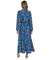 Halston Women's Printed Long-Balloon-Sleeve Belted Dress