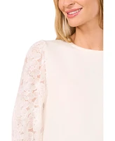 CeCe Women's Floral Embroidered Woven Crew Neck Sweater