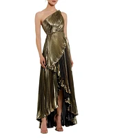 Mac Duggal Women's Pleated Metallic One Shoulder High Low Gown