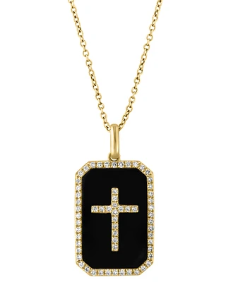 Effy Onyx & Diamond (1/4 ct. t.w.) Cross Dog Tag 18" Pendant Necklace in 14k Gold