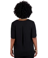 Kasper Women's V-Neck Pleated-Shoulder Elbow-Sleeve Top