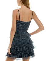 City Studios Juniors' Dot-Print Tiered-Mesh Corset Dress