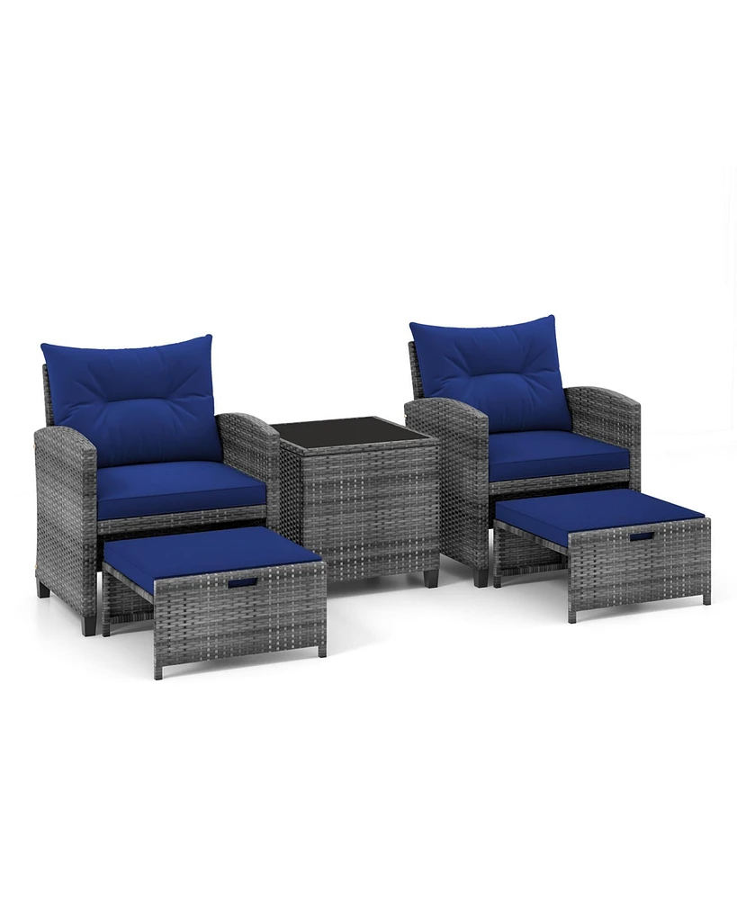 Gouun 5 Piece Patio Rattan Furniture with 2 Ottomans and Tempered Glass Table