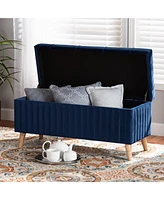 Baxton Studio Hanley Modern and Contemporary Navy Blue Velvet Fabric Upholstered and Walnut Brown Finished Wood Storage Ottoman