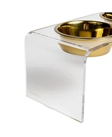 Hiddin Medium Clear Double Bowl Pet Feeder, 1 Quart Gold Bowls