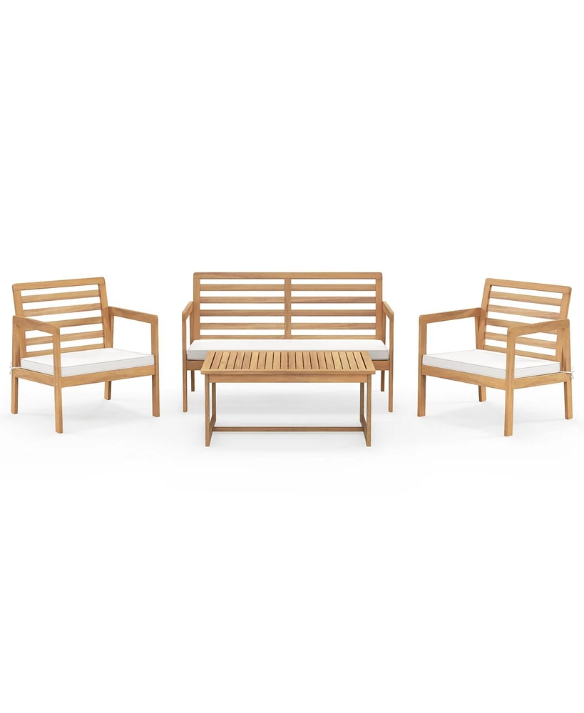 Gouun 4 Piece Wood Patio Conversation Set with 2 Armchairs and Table