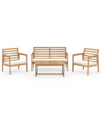 Gouun 4 Piece Wood Patio Conversation Set with 2 Armchairs and Coffee Table