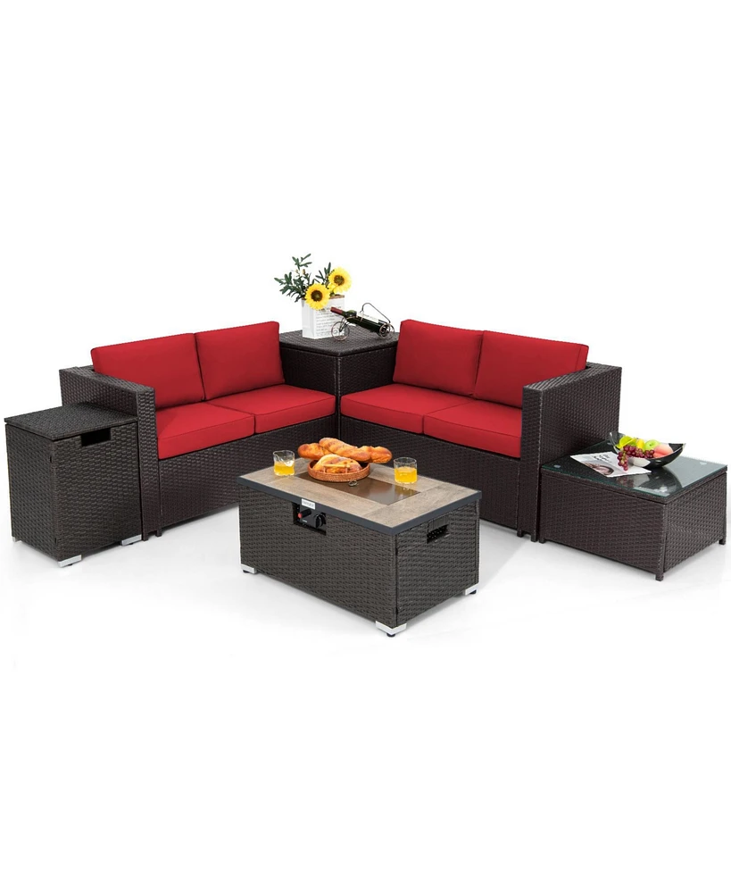 Gouun 6 Pieces Outdoor Wicker Furniture Set with 32 Inch Propane Fire Pit Table