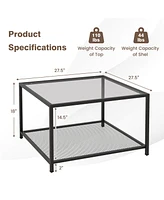 Gouun Modern 2-Tier Square Glass Table with Mesh Shelf