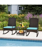 Gouun 3 Piece Patio Rocking Set Wicker Rocking Chairs with 2-Tier Table