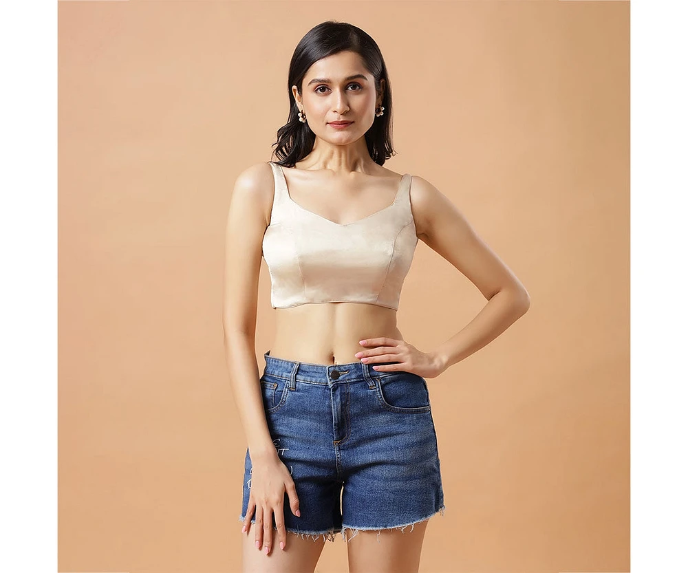 One Minute Saree Women's Tia Cream Satin Blouse with Criss-Cross Adjustable Back Tie