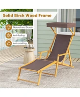 Gouun Birch Wood Chaise Lounge Chair Foldable Beach with Adjustable Canopy