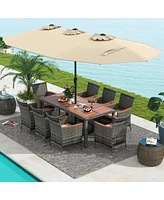 Gouun 10 Pieces Patio Wicker Dining Set with 15 Feet Double-Sided Patio Umbrella